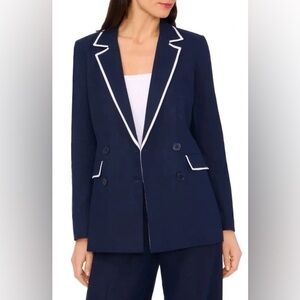 Halogen Navy Linen-Rayon Blazer with Contrast Piping